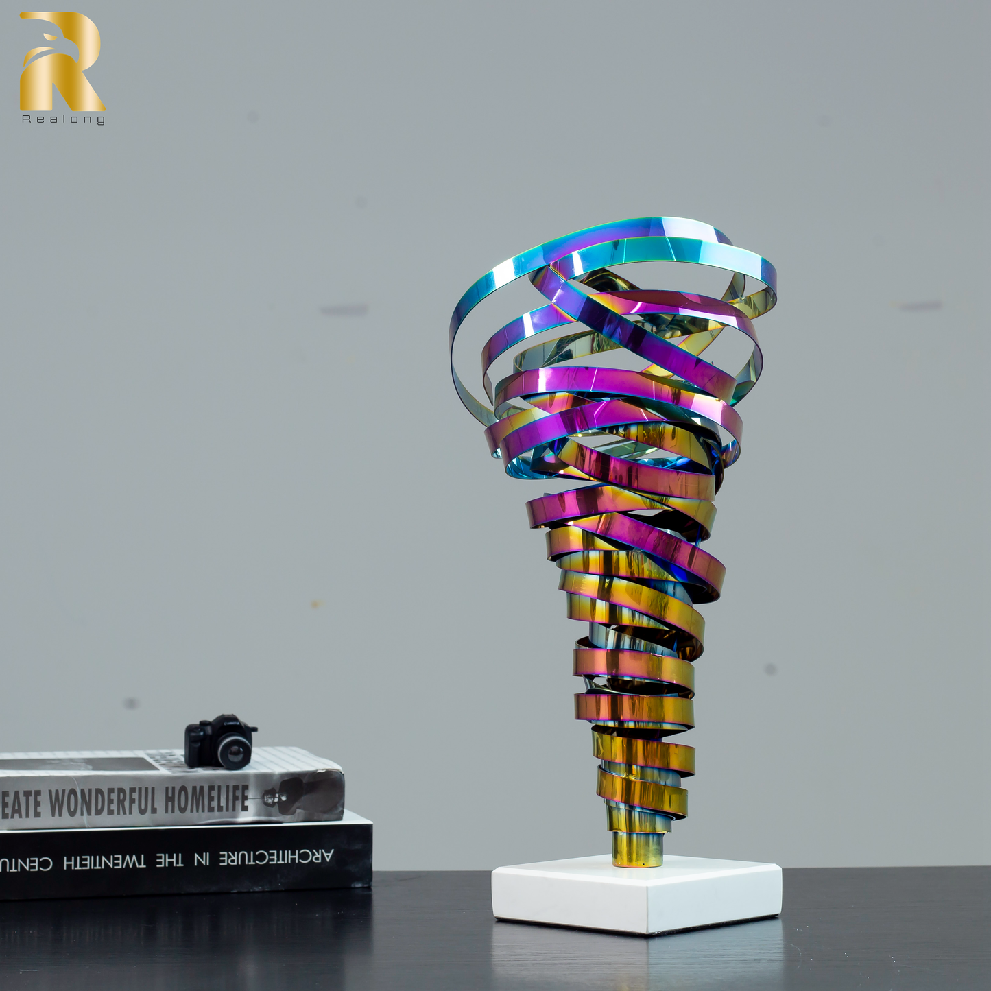 15.7'' Spray-Plated Colored Stainless Steel Abstract Sculpture Metal Swirl Modern Sculpture Table & Desk Office Decor