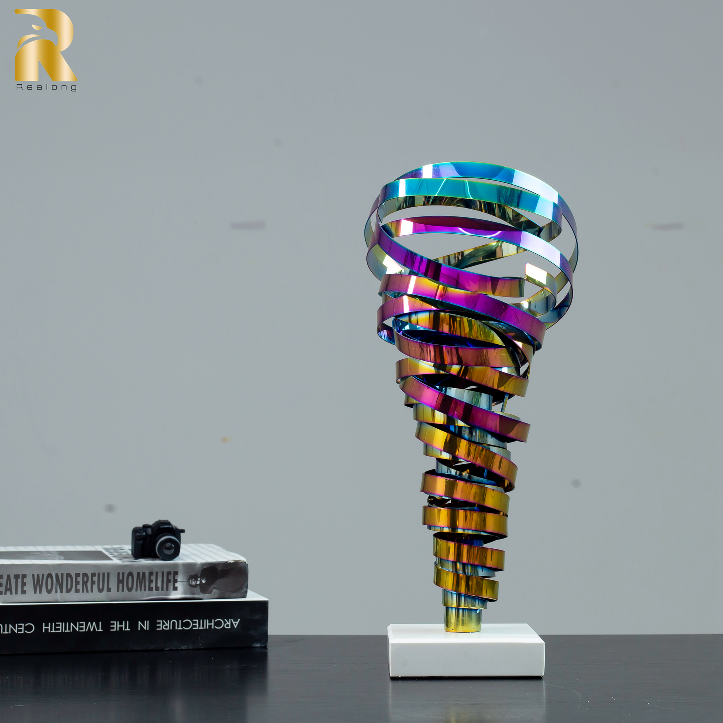 15.7'' Spray-Plated Colored Stainless Steel Abstract Sculpture Metal Swirl Modern Sculpture Table & Desk Office Decor
