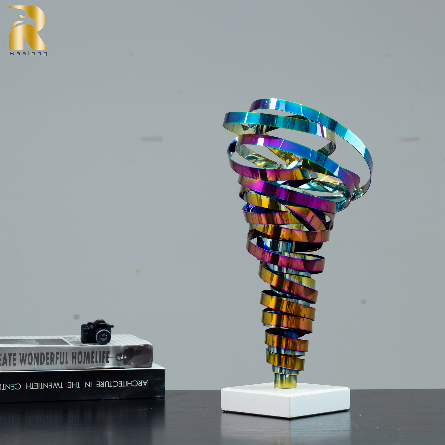 15.7'' Spray-Plated Colored Stainless Steel Abstract Sculpture Metal Swirl Modern Sculpture Table & Desk Office Decor