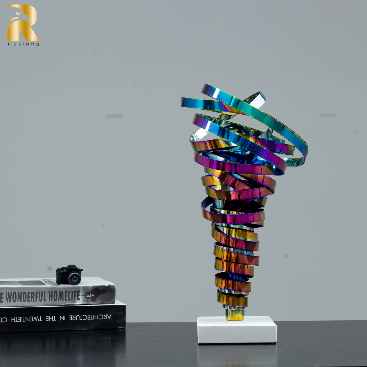 15.7'' Spray-Plated Colored Stainless Steel Abstract Sculpture Metal Swirl Modern Sculpture Table & Desk Office Decor