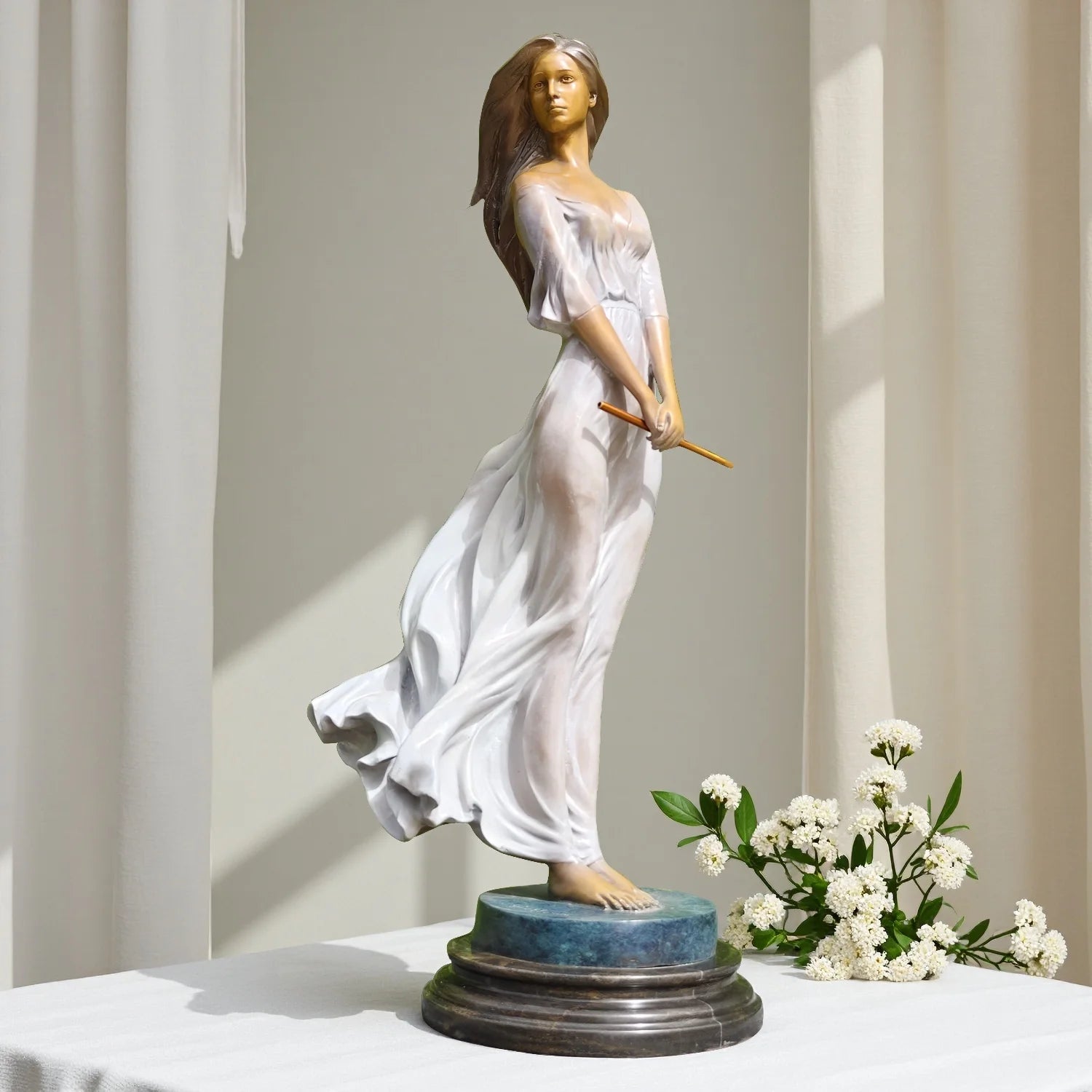 Luo Li Rong Style Bronze Lady Sculpture – Elegant Female Figure Statue with Marble Base, 27" Classical Art Decor