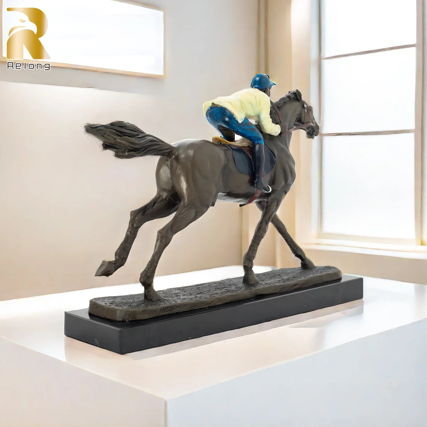 30cm Bronze Jockey Ridding Horse Sculpture Racing Equine Horse Statue With Marble Base For Home Indoor Decoration Ornament Gifts