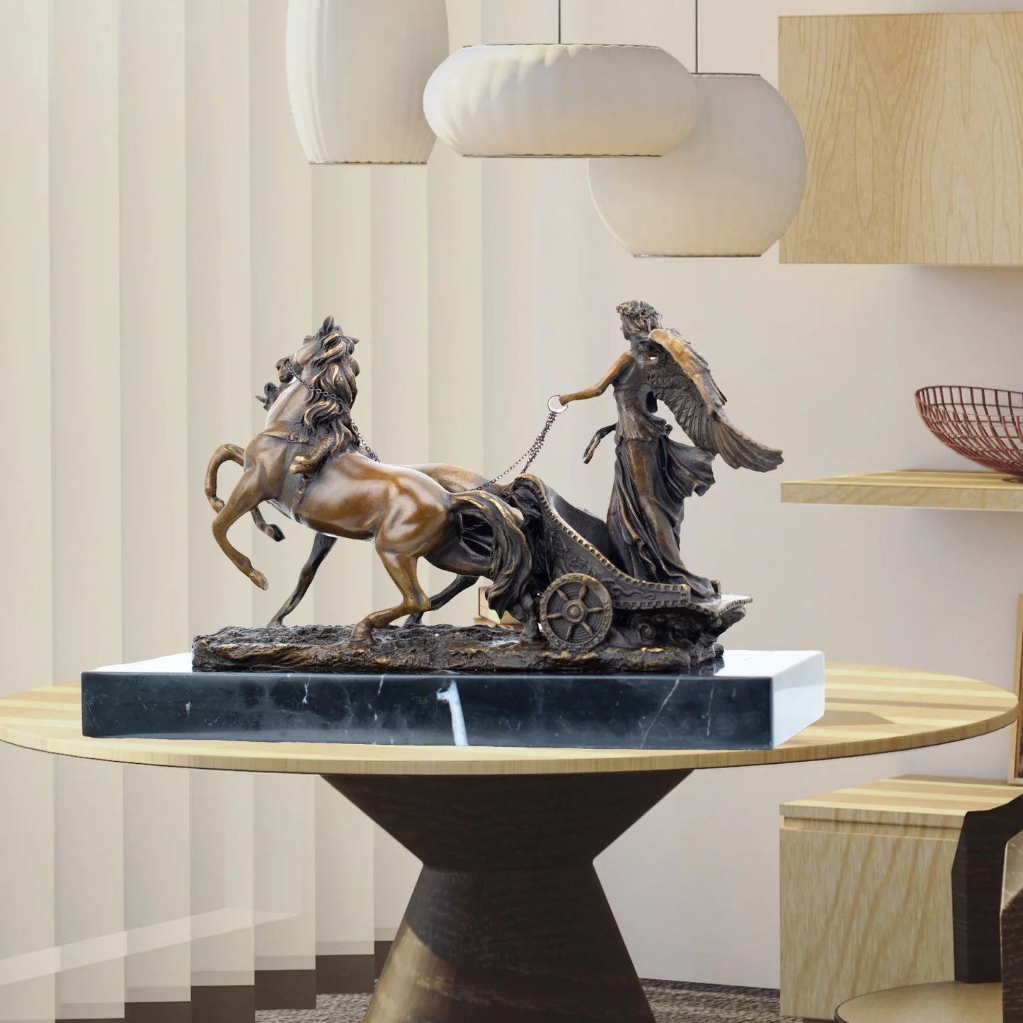 Greek Goddess Of Victory With Horses Bronze Statue Famous Angel Wings Bronze Sculpture Casting Handcrafts Home Decor Ornament