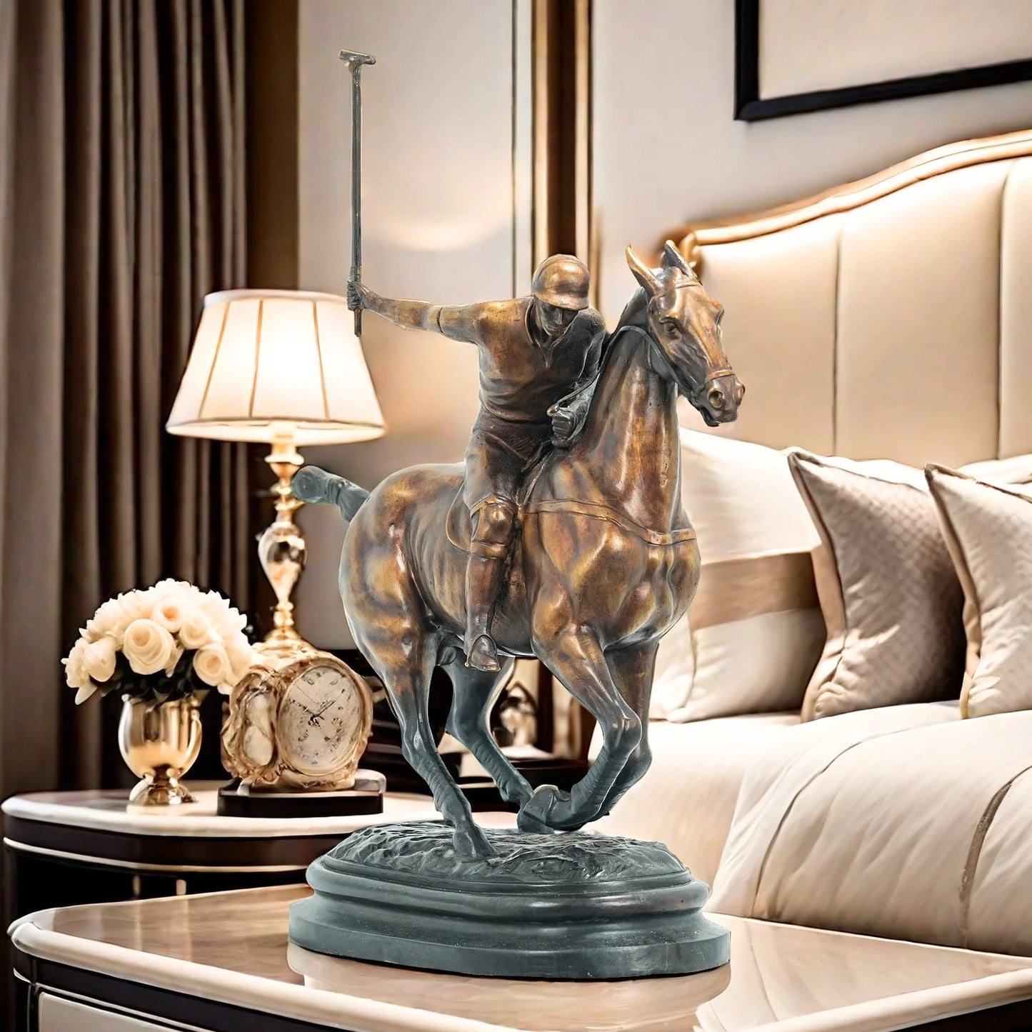 Famous Bronze Polo Player Horse Jockey Sculpture Handmade Casting Polo Player and Horse Statue For Home Office Decor Collection