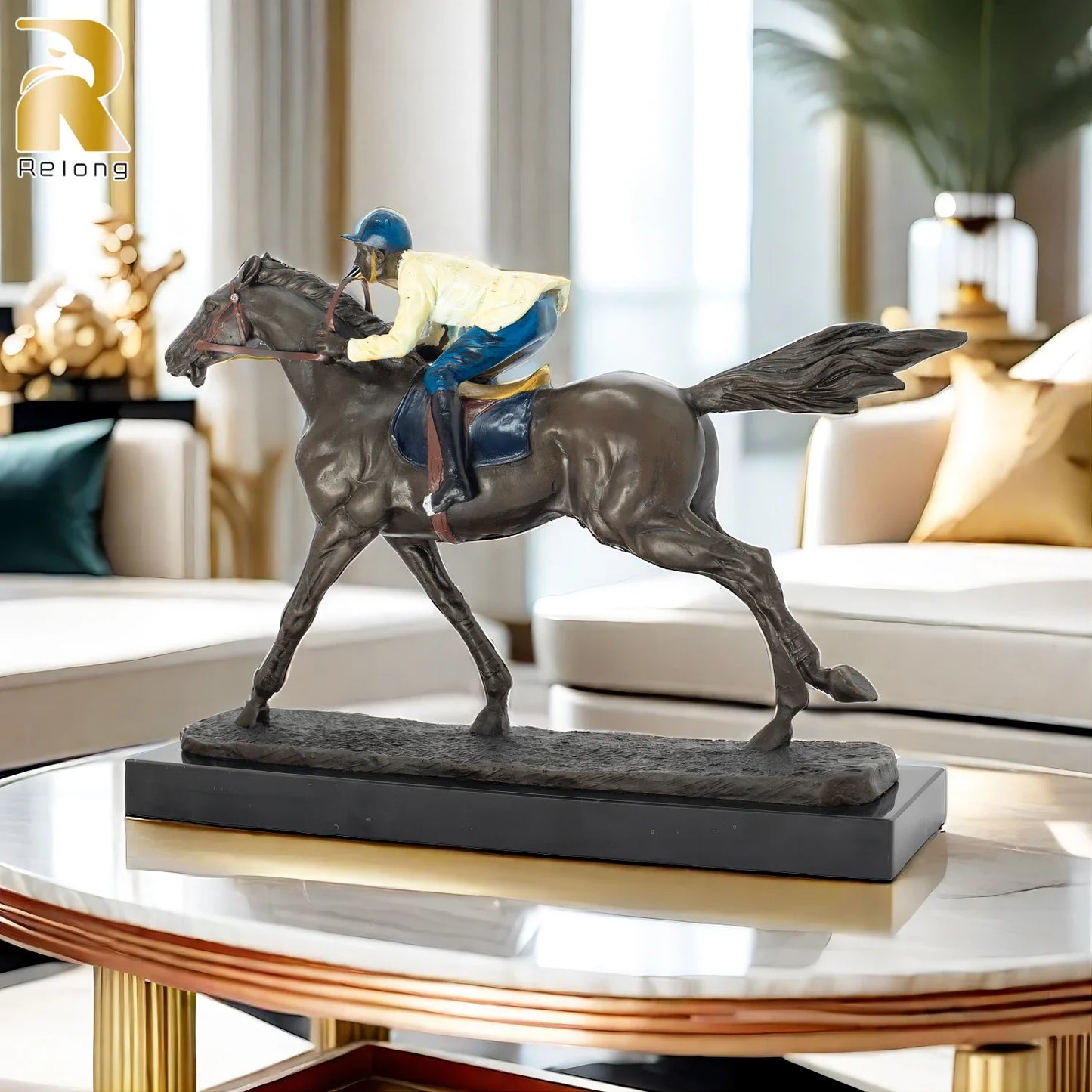 30cm Bronze Jockey Ridding Horse Sculpture Racing Equine Horse Statue With Marble Base For Home Indoor Decoration Ornament Gifts
