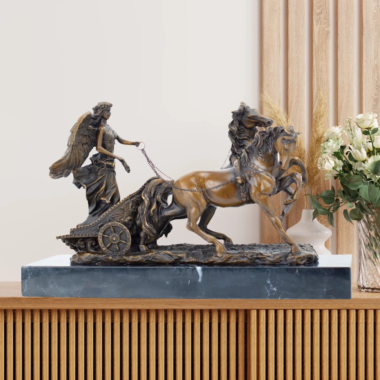 Greek Goddess Of Victory With Horses Bronze Statue Famous Angel Wings Bronze Sculpture Casting Handcrafts Home Decor Ornament