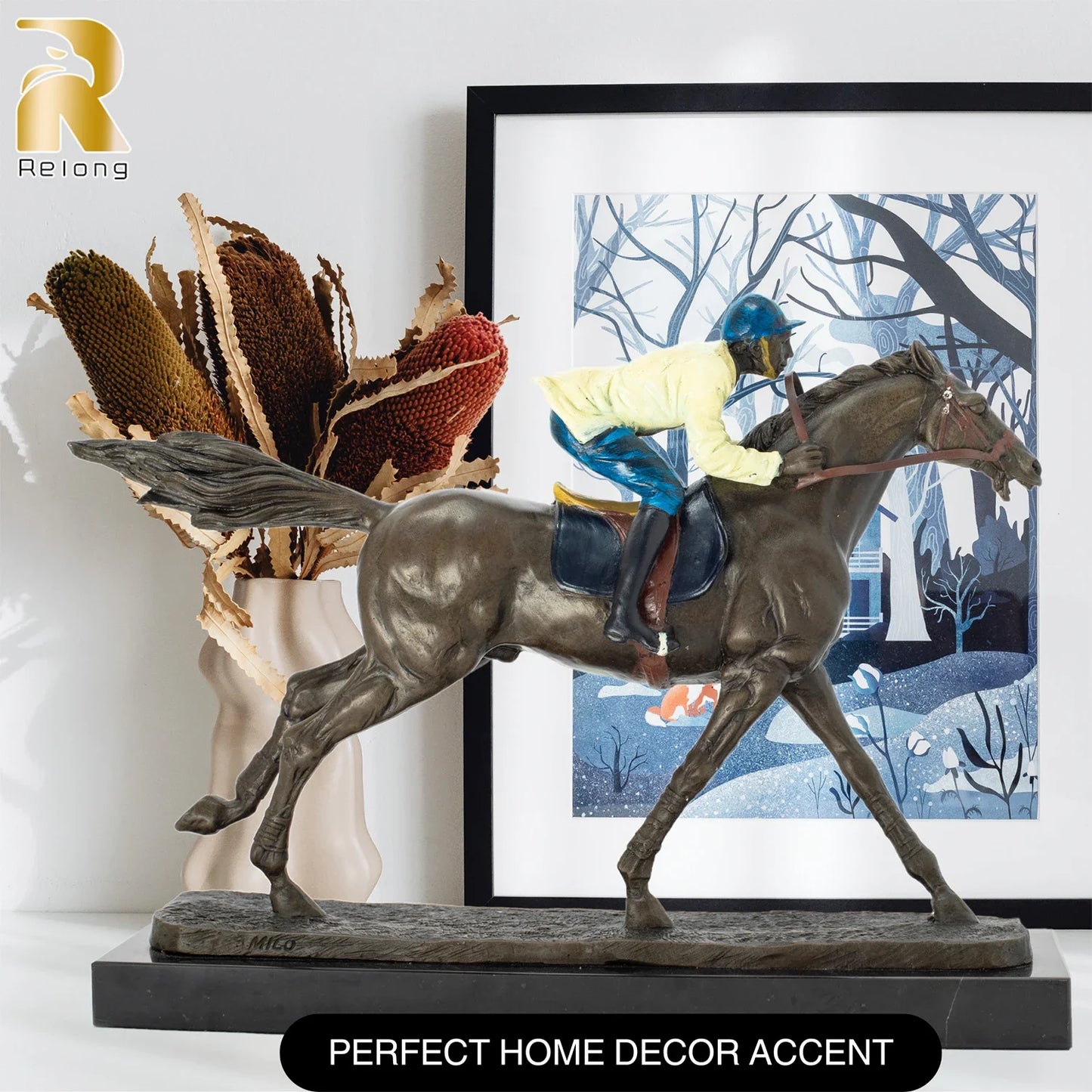 30cm Bronze Jockey Ridding Horse Sculpture Racing Equine Horse Statue With Marble Base For Home Indoor Decoration Ornament Gifts