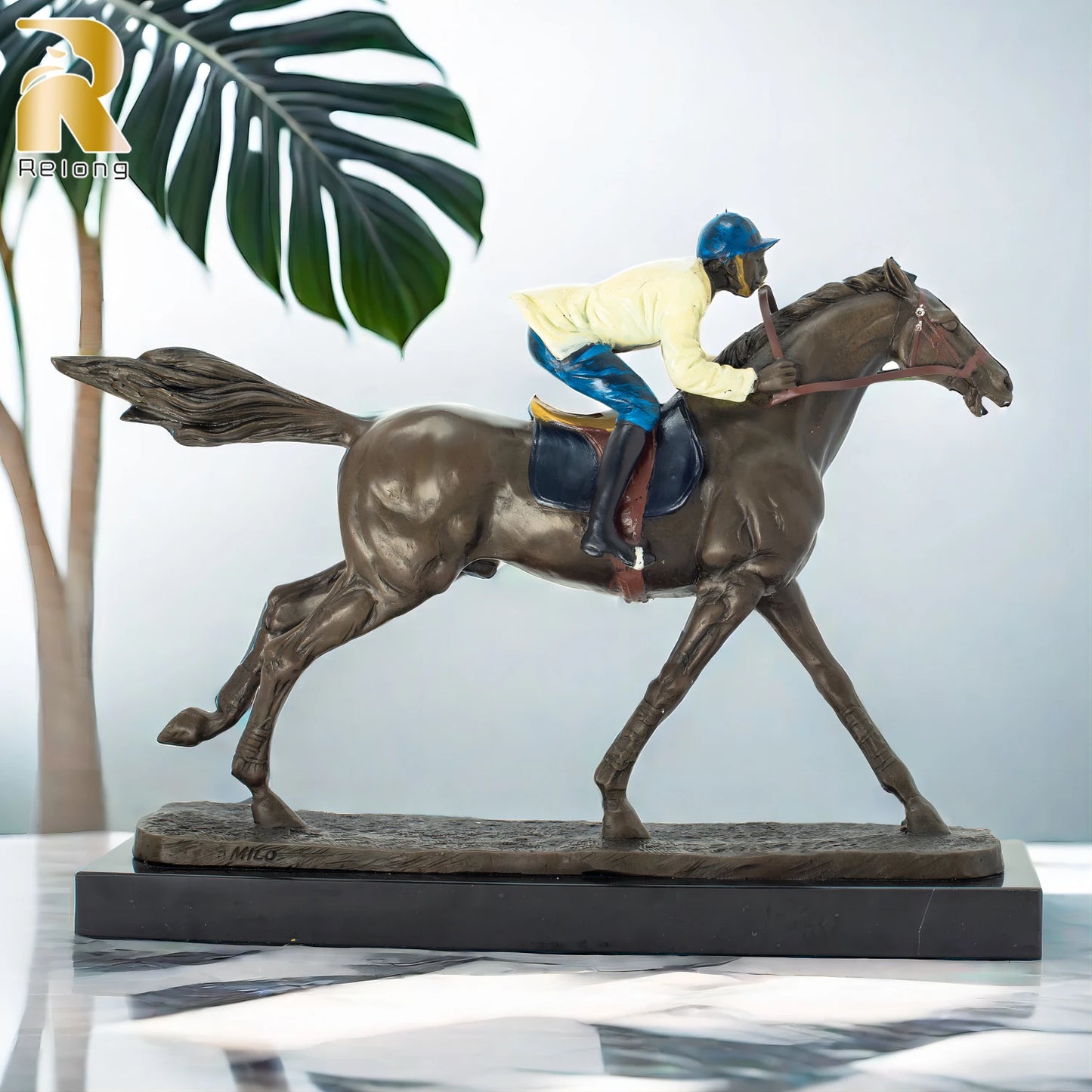 30cm Bronze Jockey Ridding Horse Sculpture Racing Equine Horse Statue With Marble Base For Home Indoor Decoration Ornament Gifts