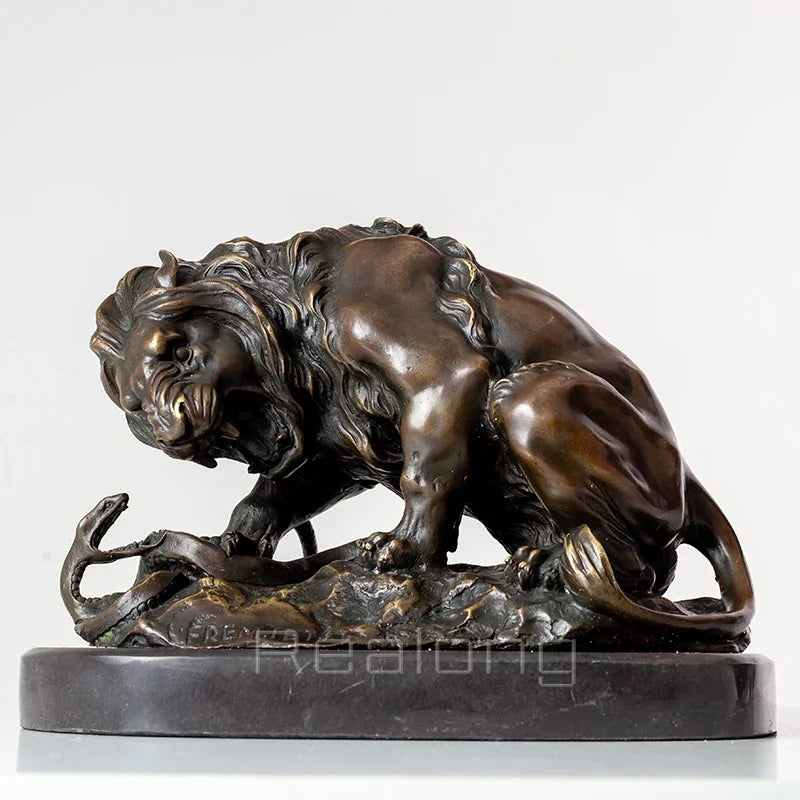 Bronze Sculpture Of Lion Crushing A Serpent Bronze Lion Statue Animal Bronze Casting Art Crafts For Home Decor Ornament Gifts