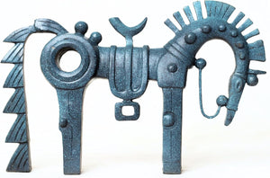 16-inch abstract geometric bronze horse sculpture with antique patina finish, side front view on white background