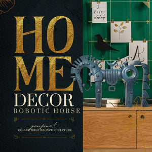 Abstract geometric bronze horse sculpture as home decor displayed near plant and storage cabinet