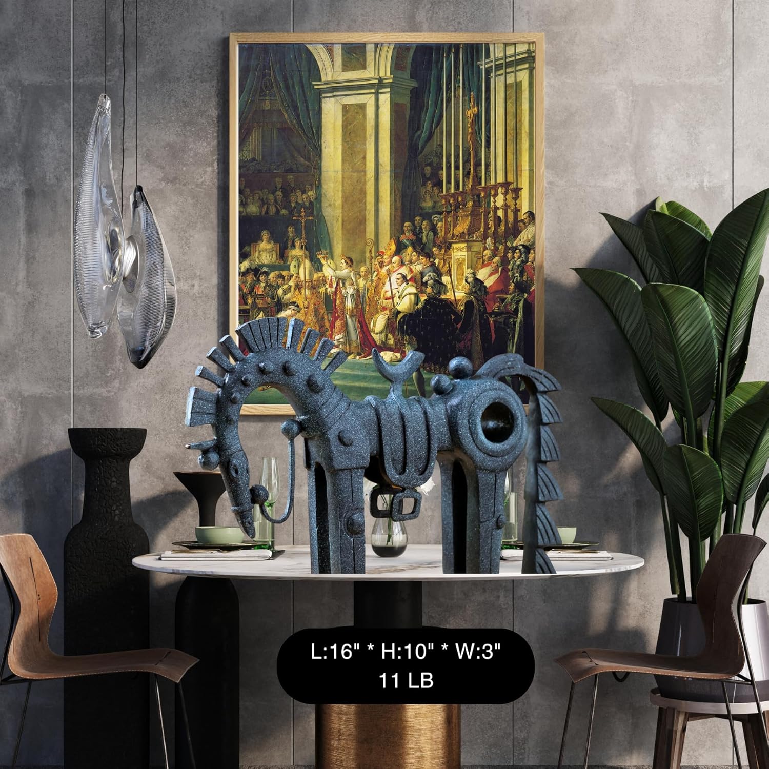 Abstract geometric bronze horse sculpture displayed indoors with framed art and candle decor