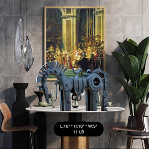 Abstract geometric bronze horse sculpture displayed indoors with framed art and candle decor