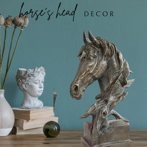Abstract horse head bronze sculpture in gray finish perfect dimensions feature shown beside decorative stones