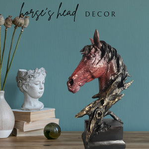 Abstract horse head bronze sculpture in red finish horse's head decor feature beside floral vase