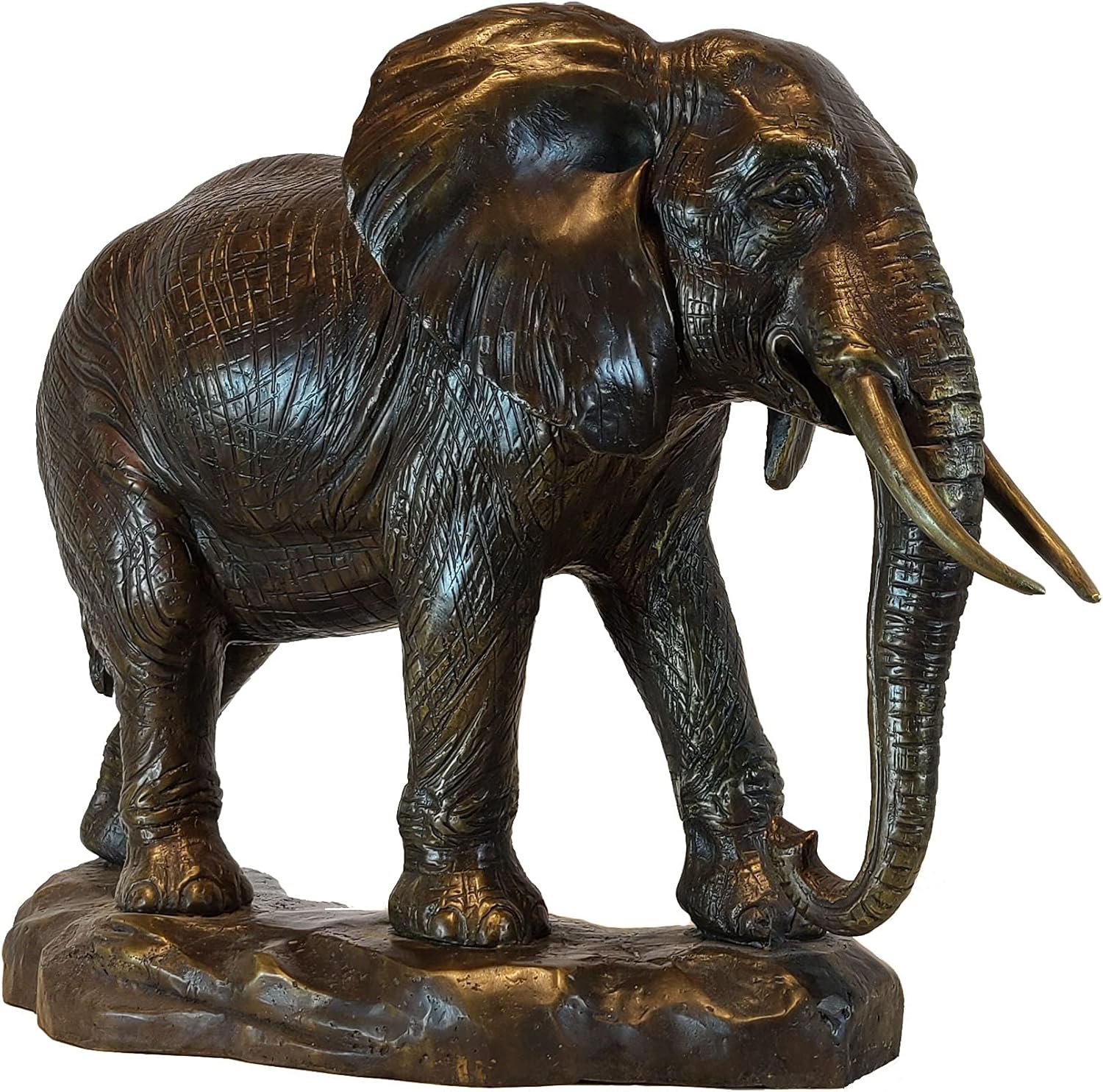 African elephant bronze statue three-quarter left angle view showing detailed tusks and rock base