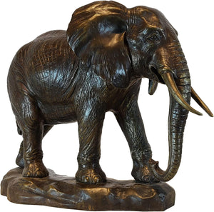 African elephant bronze statue three-quarter left angle view showing detailed tusks and rock base