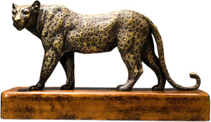 15.3-inch antique bronze money leopard statue hand-cast on solid wood base, side front view