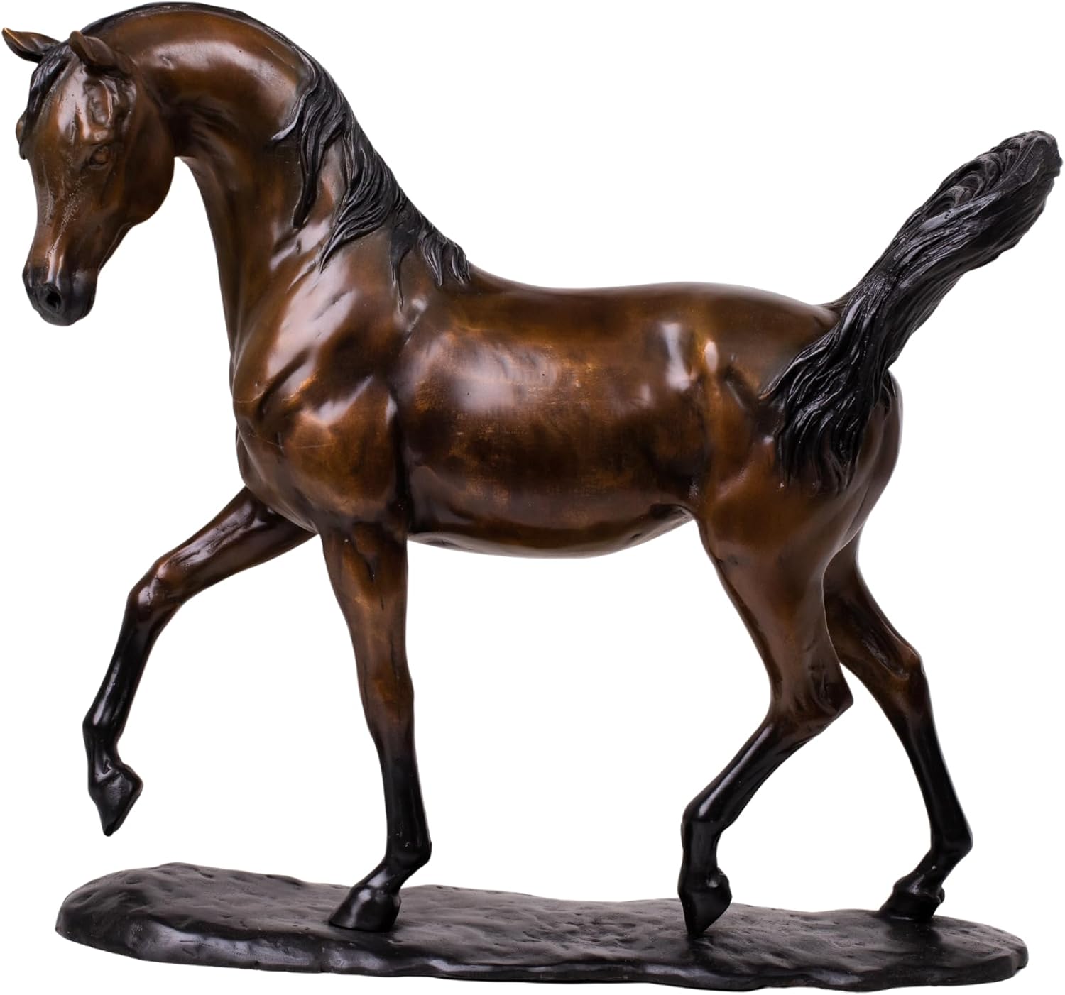 Antique chestnut Arabian stallion bronze sculpture front view on white background, galloping pose