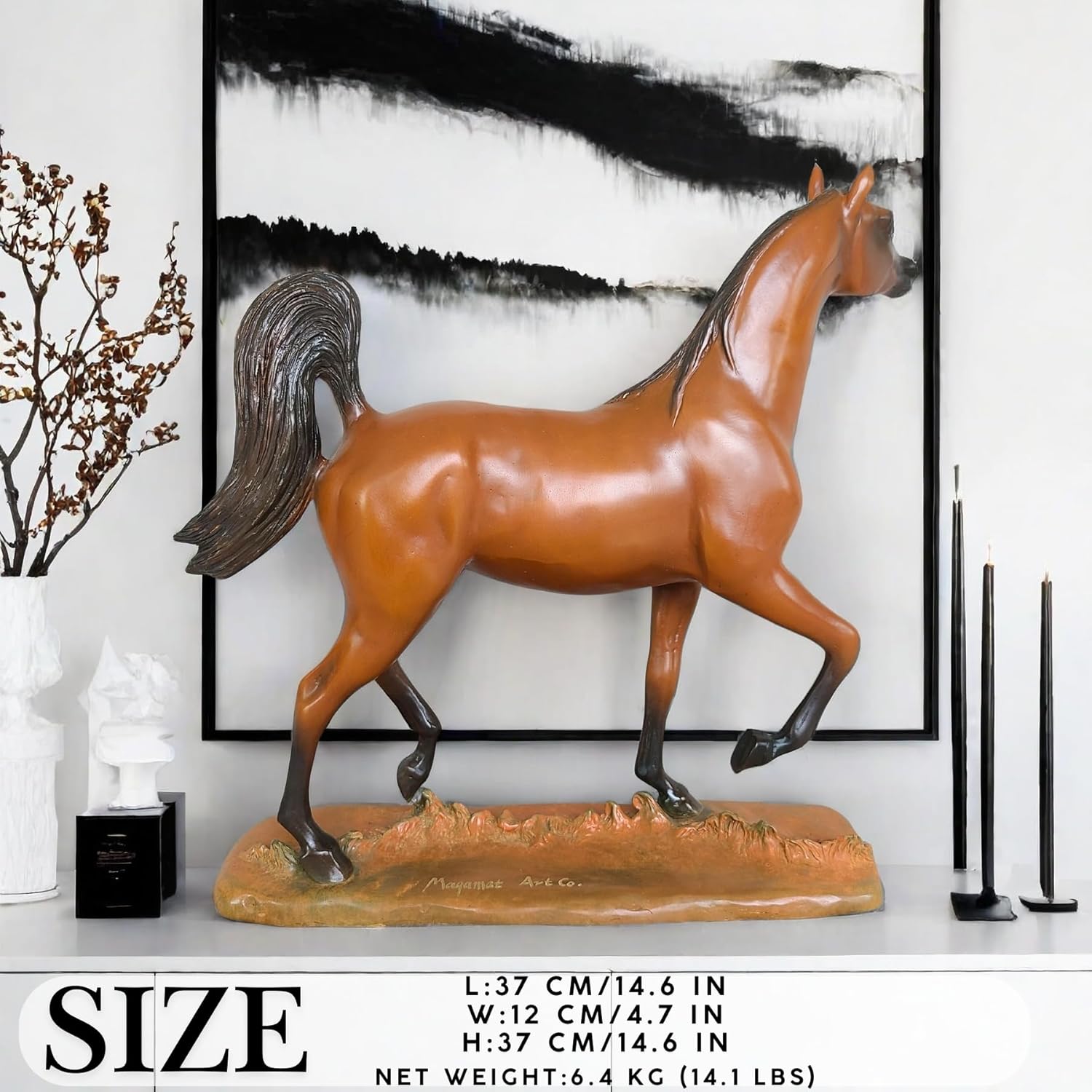 Arabian stallion bronze sculpture warm earth golden-brown size chart showing height and dimensions