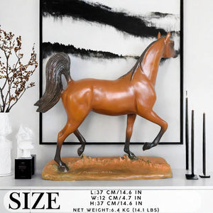 Arabian stallion bronze sculpture warm earth golden-brown size chart showing height and dimensions