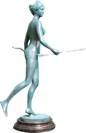 Back left angle of large azure bronze Artemis mythology sculpture on wood base