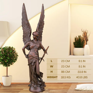 Side view of Bellona winged war goddess bronze sculpture in classic bronze patina, 25lbs