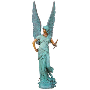 31.5-inch Bellona winged goddess bronze sculpture verdigris blue patina, full front view