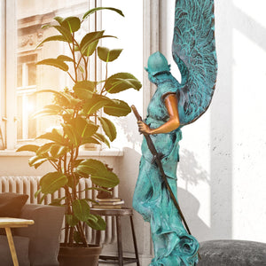 Verdigris blue Bellona bronze sculpture as dramatic hallway statement piece in luxury interior