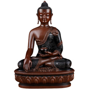 Bhumisparsha Buddha red copper statue left side view showing detailed lotus base and robe carving