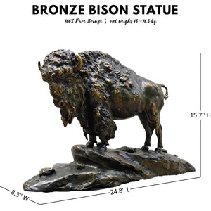 Guardian bronze buffalo statue with rock base, side profile.