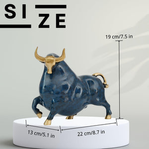 Side profile of the modern abstract blue enamel brass charging bull.