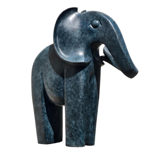 Monumental blue patina bronze elephant statue 30 inch front view on white background, abstract modern sculpture