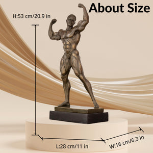 Bronze bodybuilder double biceps statue size chart showing 53cm height and 19lbs weight