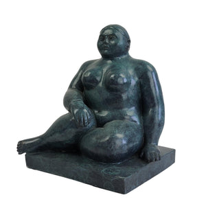 Botero bronze seated woman verdigris figurine front close up face and torso detail