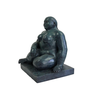 Botero bronze seated woman verdigris statue side profile voluptuous body detail