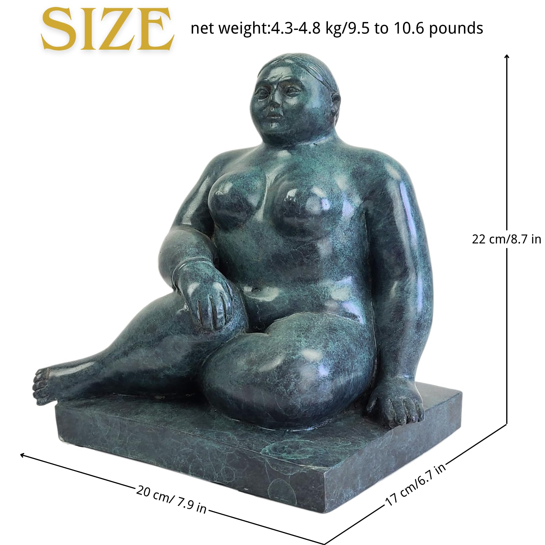 Botero bronze seated woman verdigris statue size chart 10.6lbs dimensions