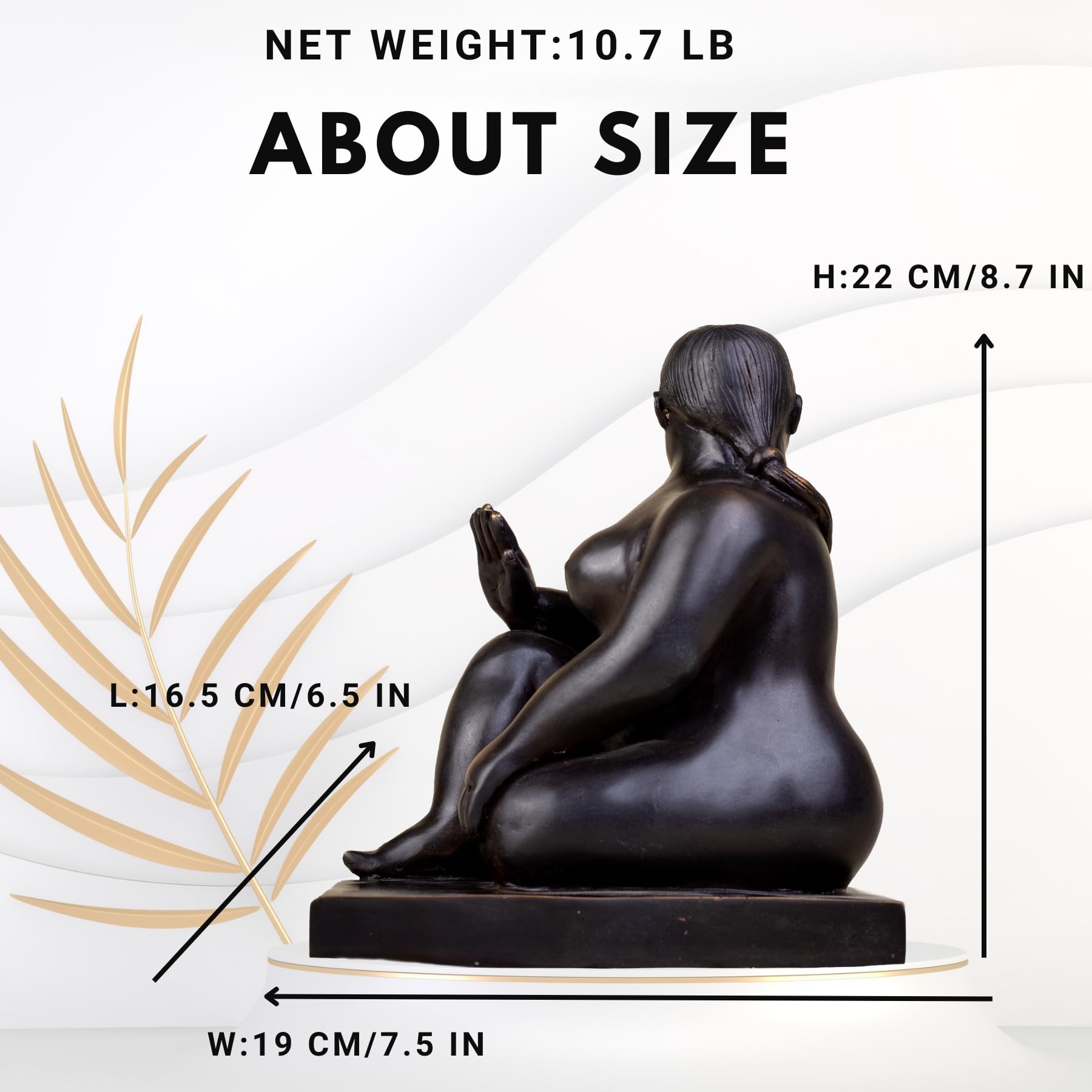Seated fat woman bronze sculpture size chart showing 8.6-inch height, 10.7lbs net weight