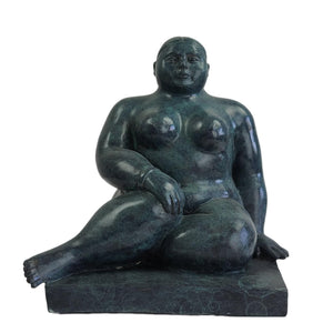 Botero style bronze seated woman statue verdigris blue green patina full view
