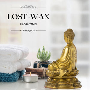 Brass meditating Buddha statue lost-wax casting feature displayed in zen interior decor setting