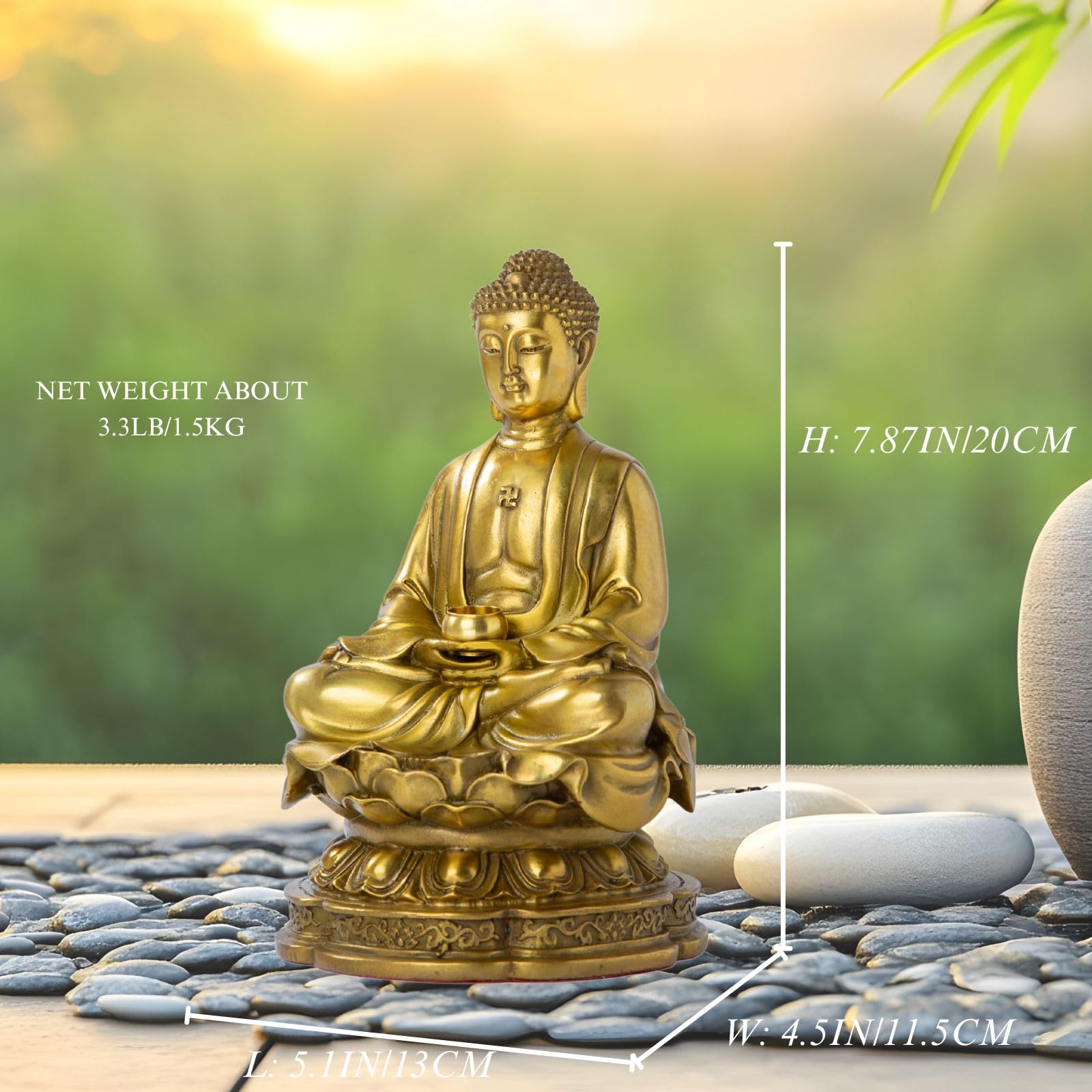 Brass Buddha statue size reference shown outdoors beside decorative stones with dimension annotations