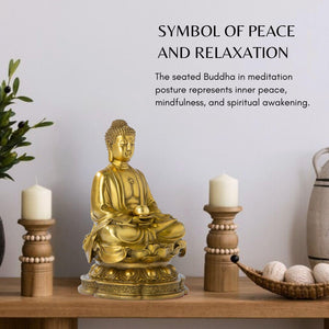 Brass Buddha statue symbol of peace feature card highlighting spiritual meaning and relaxation benefits