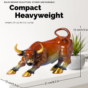 Colorful decorative Wall Street bull sculpture, side view.