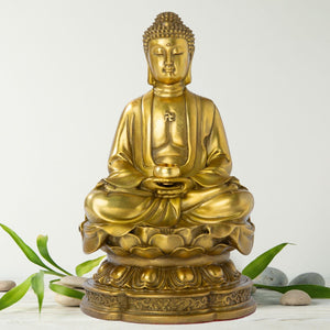 Brass meditating Buddha statue 7.87 inch front view on white background with lotus base and green leaf accent