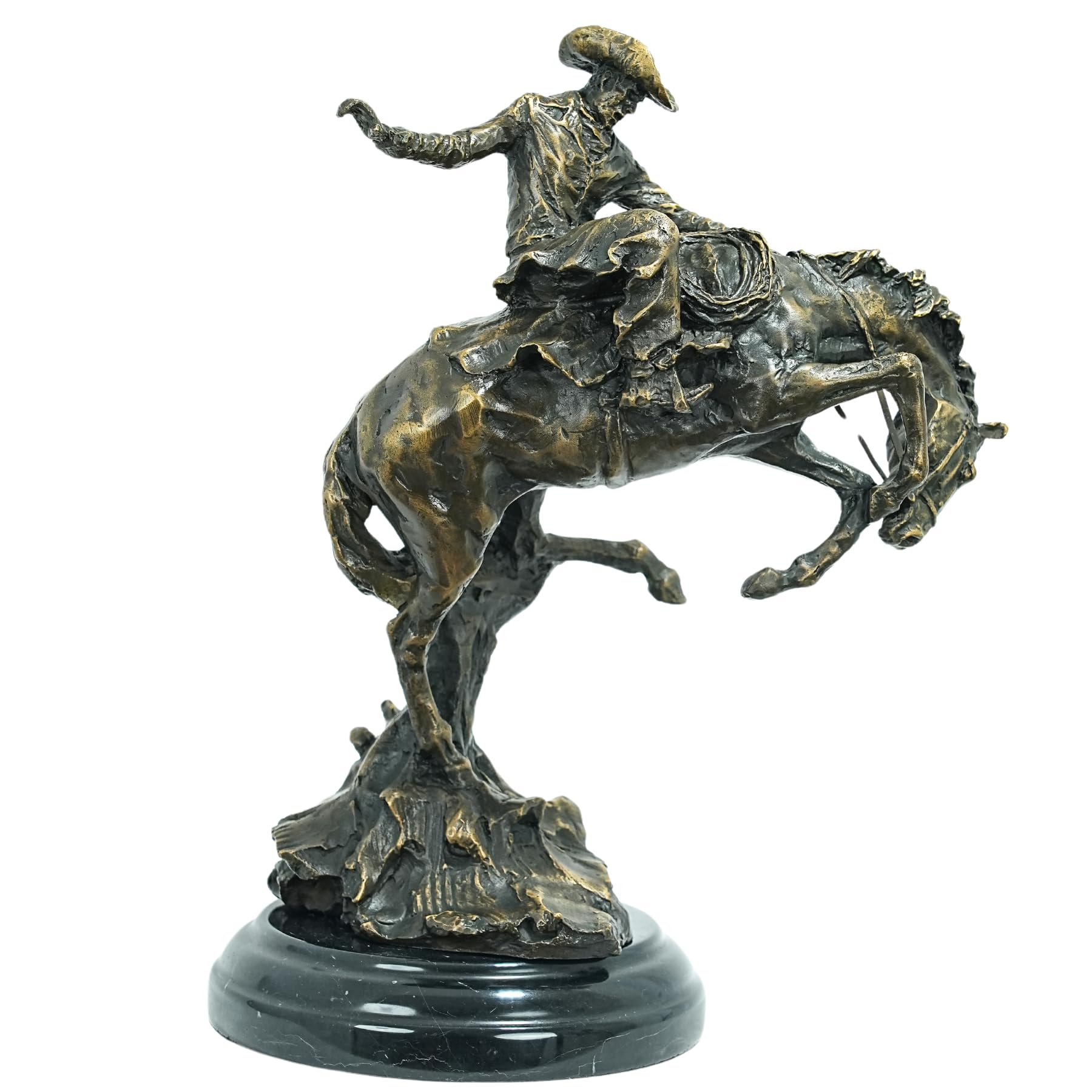 15-inch Frederic Remington Bronco Buster statue on circular marble base.