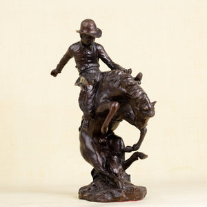 Rear left view of Style 3 Bronco Buster solid bronze sculpture showing horse detail
