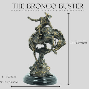 Side view of Bronco Buster bronze sculpture, circular base.