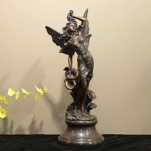 Bronze angel Greek goddess sculpture front view antique dark patina detail