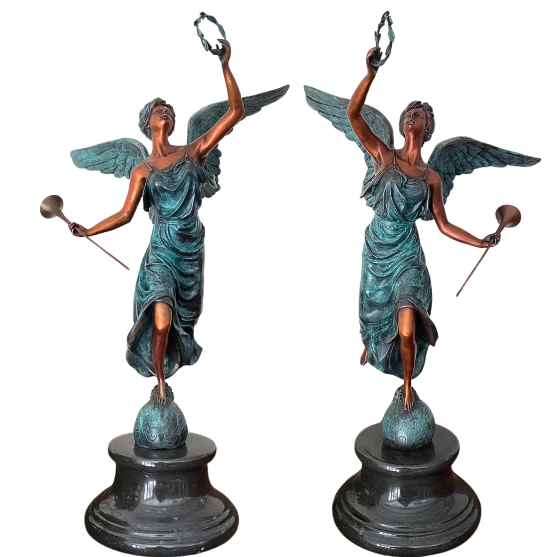 Pair of bronze angel statues trumpet laurel wreath verdigris patina front view both figures