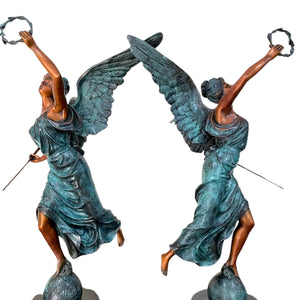 Bronze angel statue verdigris patina laurel wreath three quarter left angle
